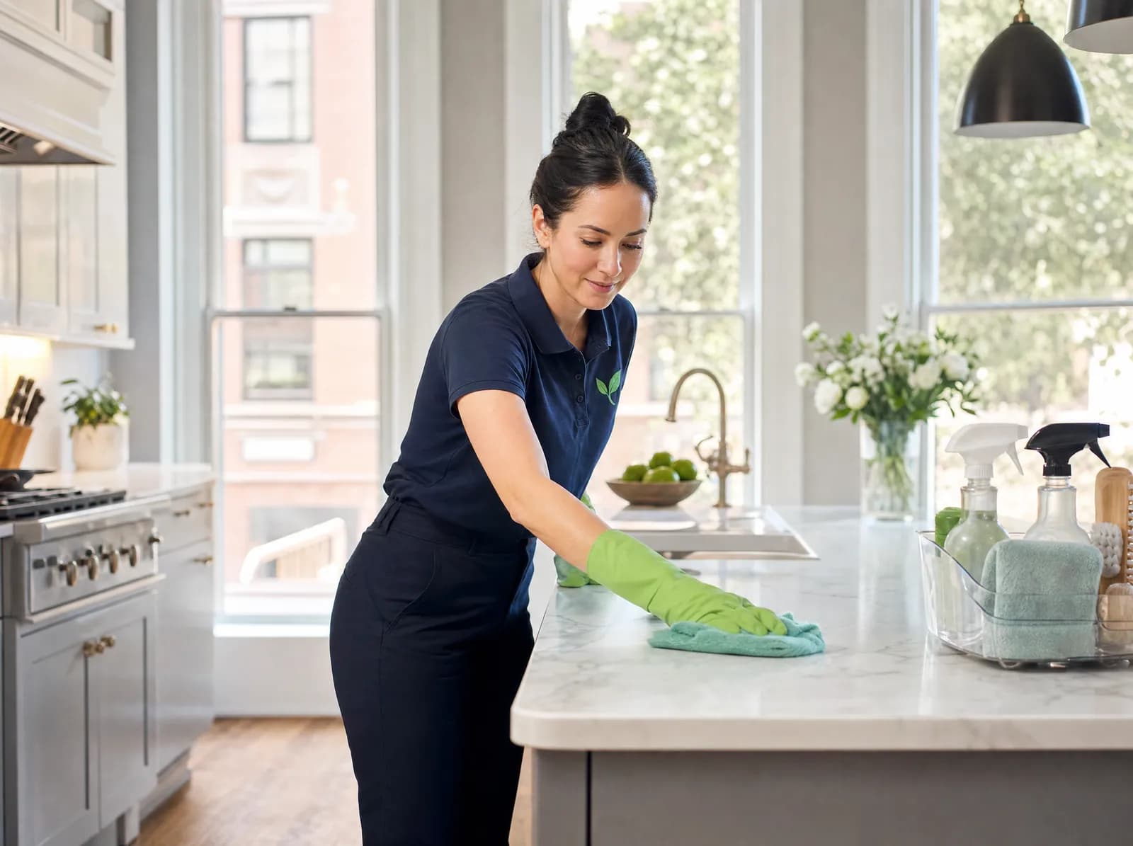 Esmero Cleans cleaner in uniform wiping a marble kitchen island in a Boston brownstone